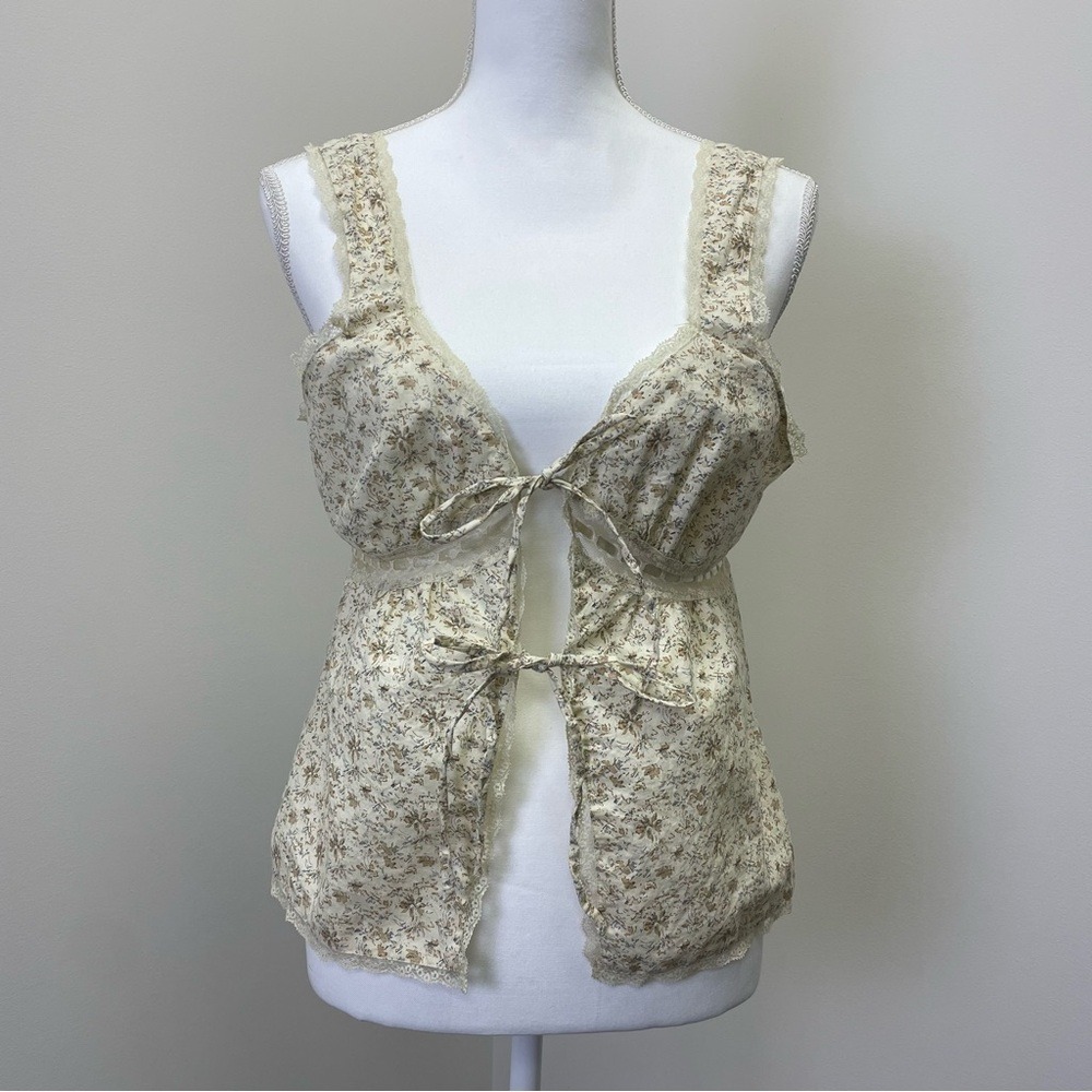 Topshop Floral Lace Trim Tie Front Cami Top Cream Tan US 10 Cottagecore